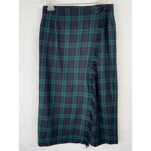 Rafaella Petites Wool Wrap Skirt Black Watch Plaid Fringed Midi Green Navy 12P